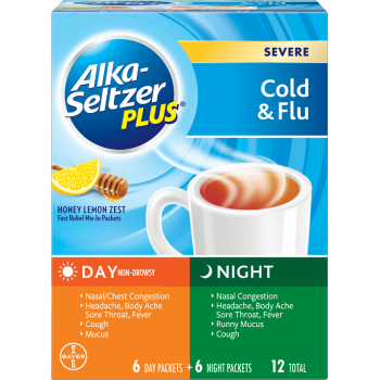 Лекарство от простуды и гриппа Alka-Seltzer Plus Severe Cold & Flu Day/Night Honey Lemon Powder, 12 пакетиков